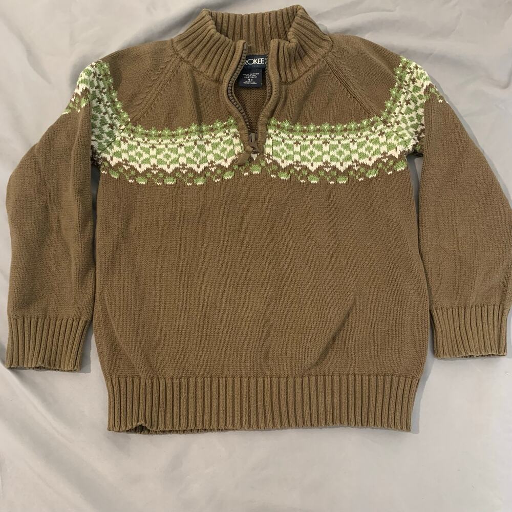 Cherokee Boys Half‑Zip Sweater – 4T – Brown – 100% Cotton – Fair Isle Pattern